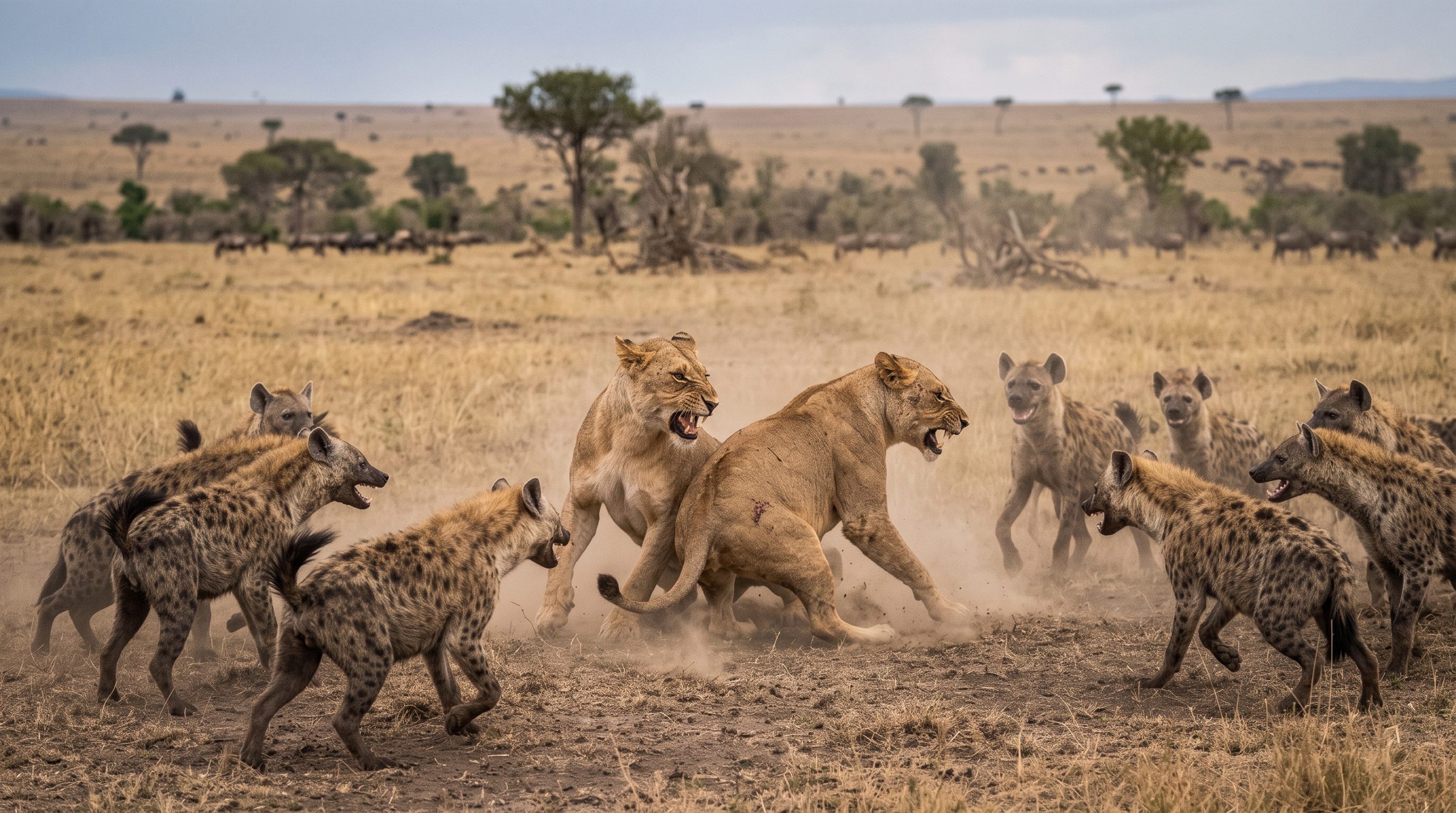 Two lionesses holding their ground against a clan of spotted hyenas on the open plains